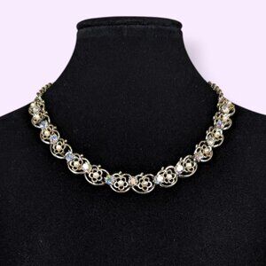 V. 1960s AB Crystal and Faux Pearl Choker Necklace